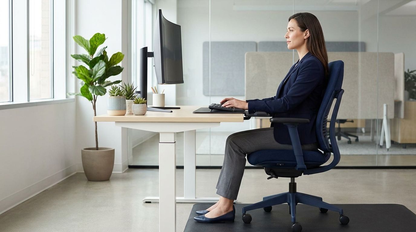 Mitarbeiterin sitzt aufrecht an einem höhenverstellbaren Schreibtisch mit ergonomischem Bürostuhl