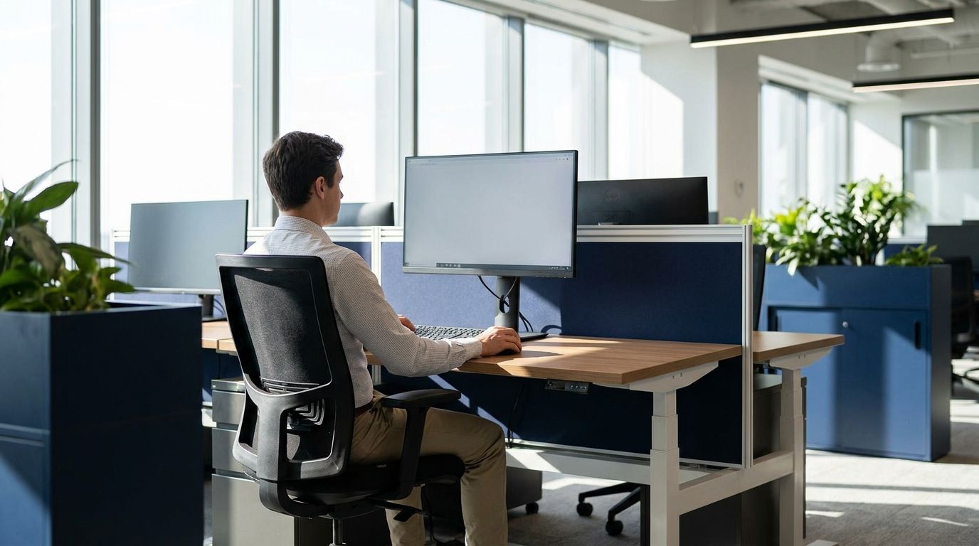 Mitarbeiter an einem höhenverstellbaren Schreibtisch mit Monitor auf Augenhöhe in einem Großraumbüro