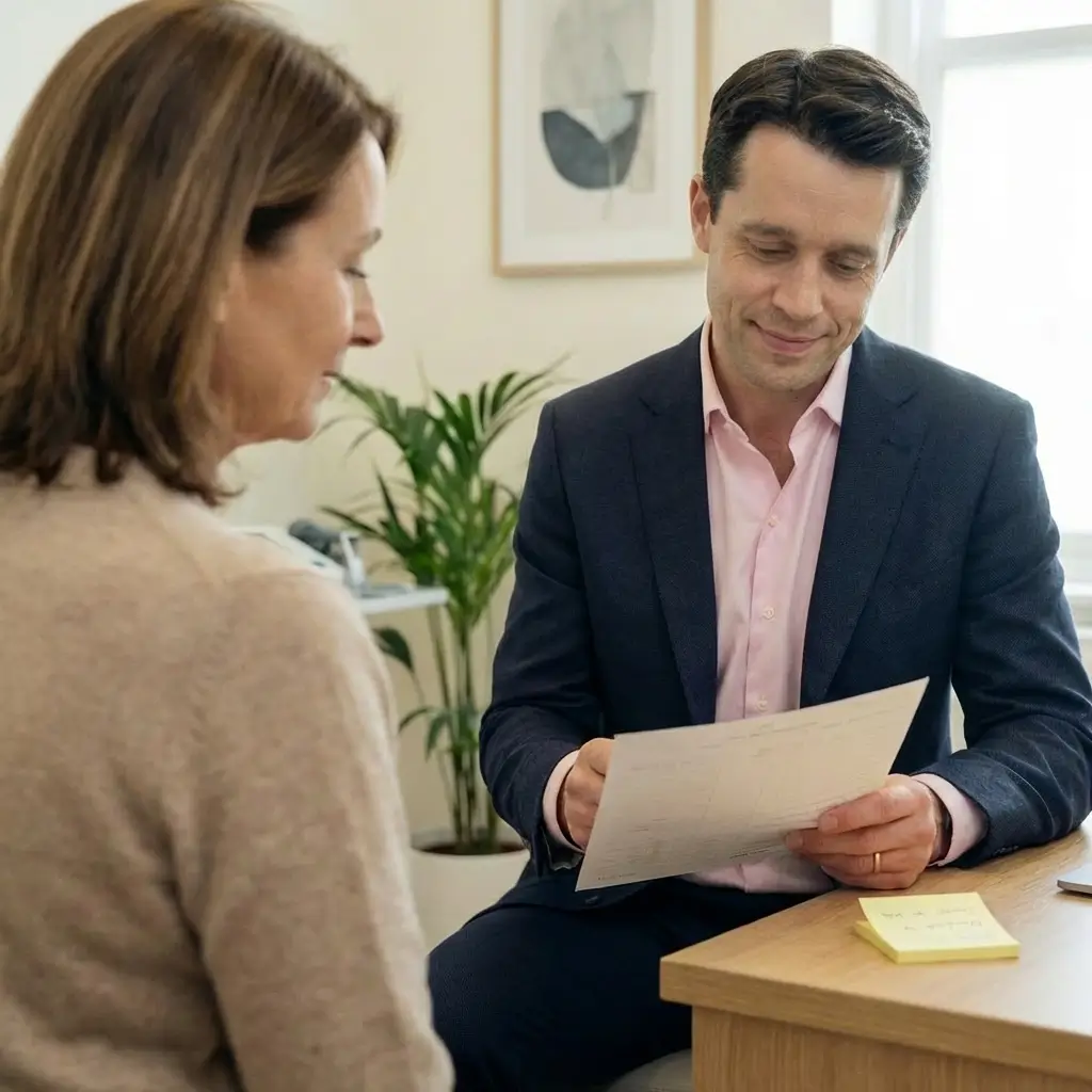 Man in a suit reviewing a document while sitting at a desk with a woman in a beige sweater nearby.