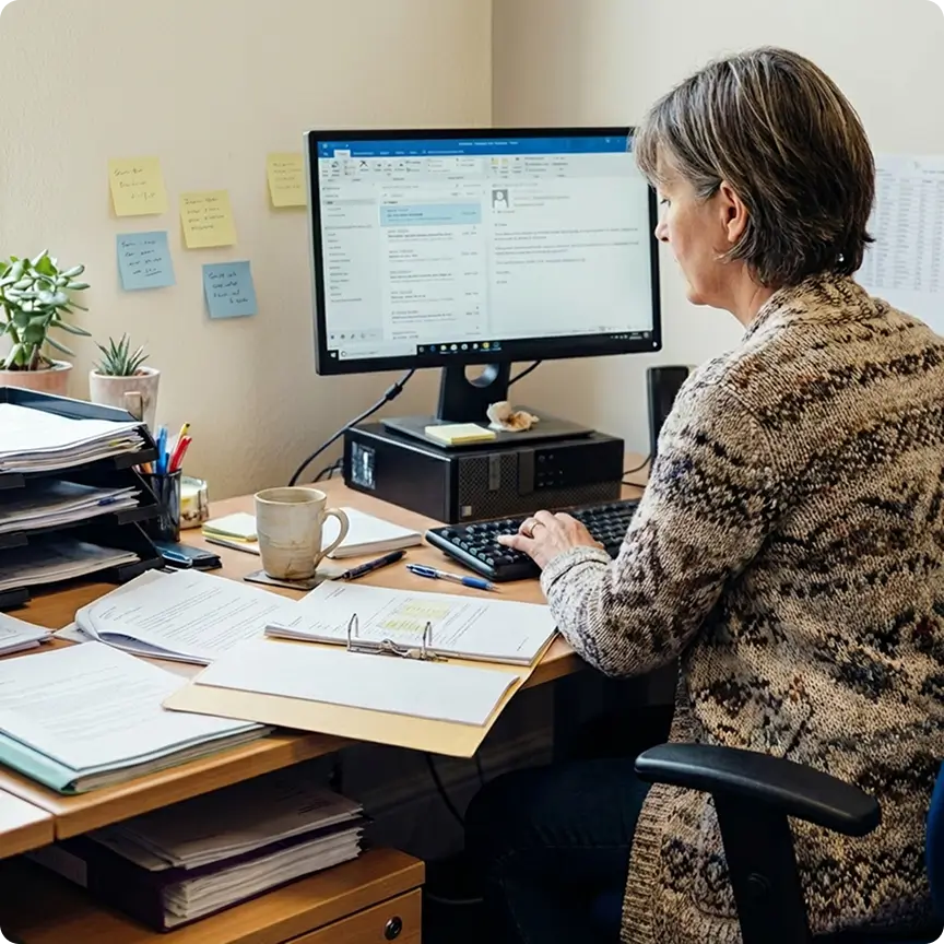 Person in patterned sweater working at a desk with a computer showing an email inbox, surrounded by documents, sticky notes, and office supplies.