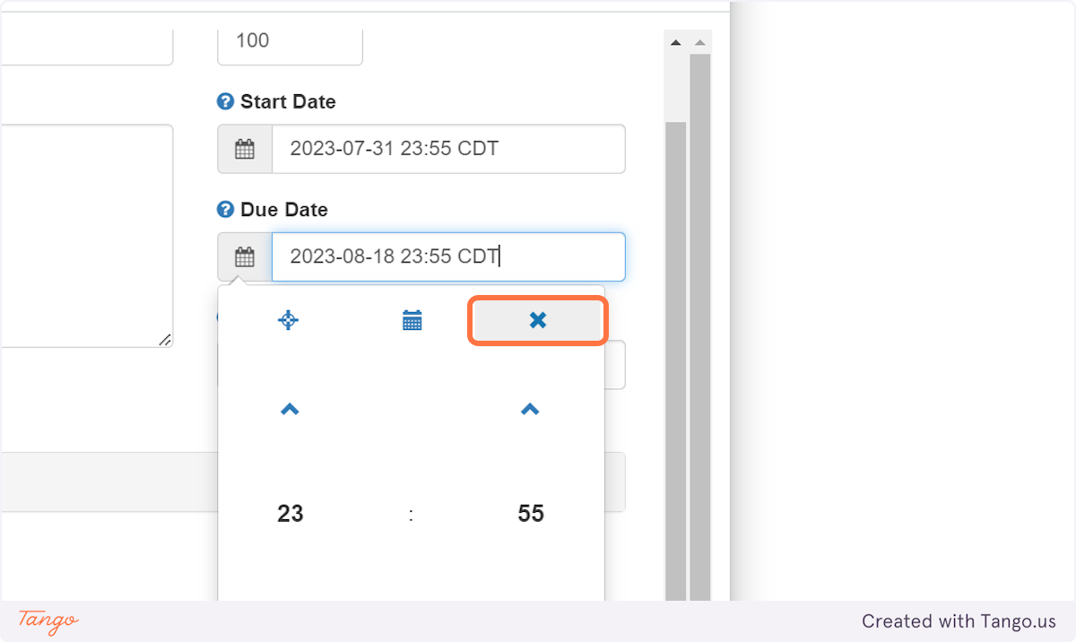Click the X in the picker to save your date and time.