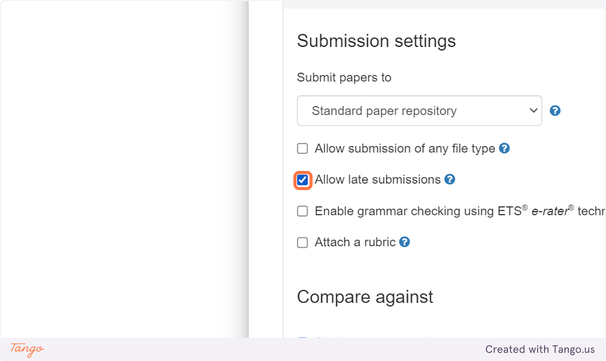 If you want to allow submissions after the due date, check Allow late submissions