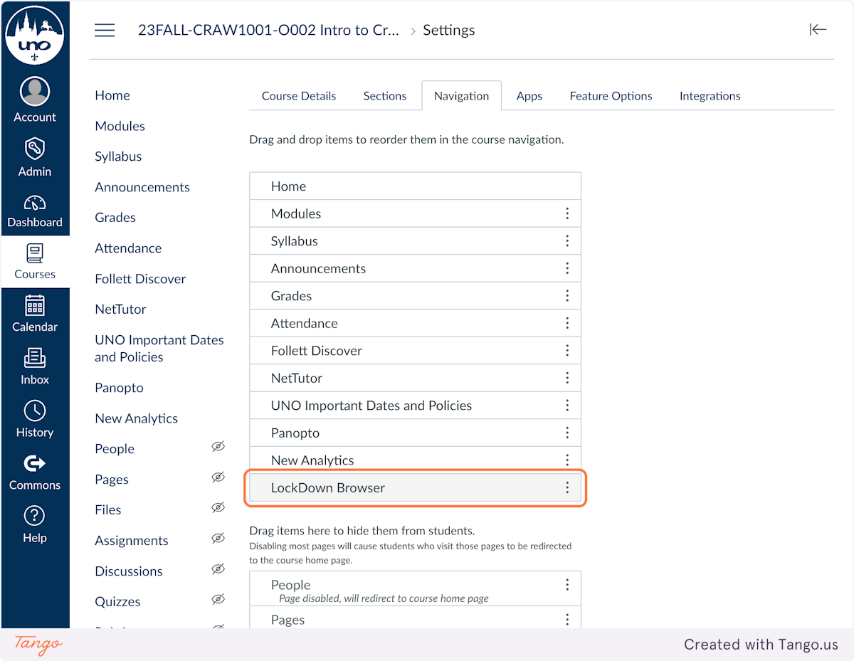Drag the LockDown Browser navigation item up into the enabled navigation area