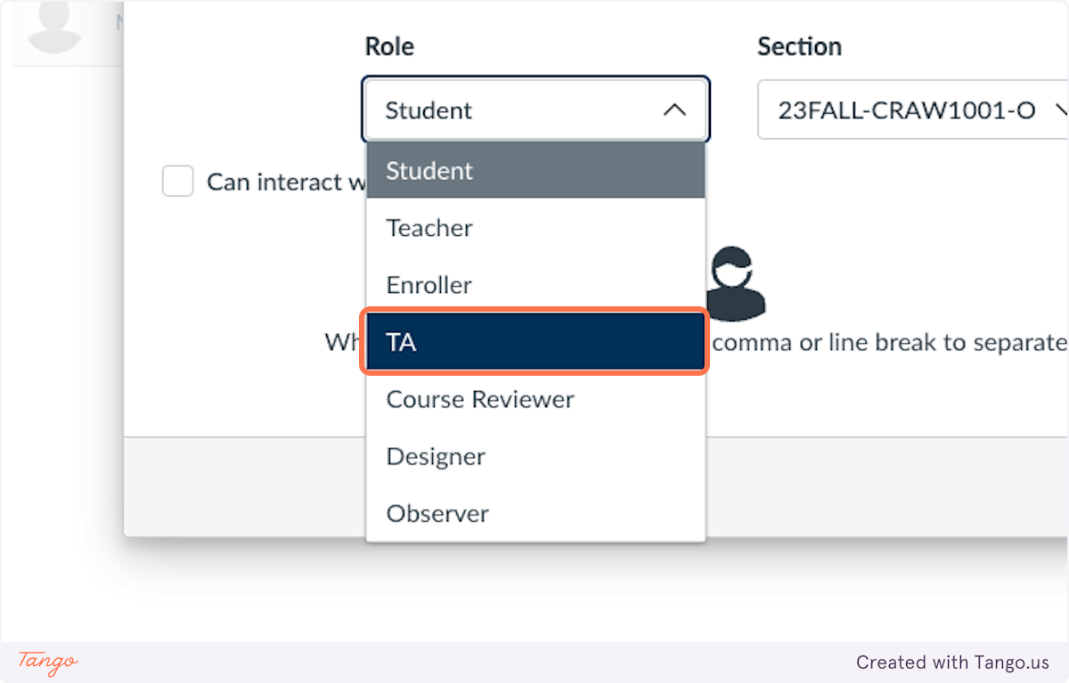 From the Role dropdown, click on TA