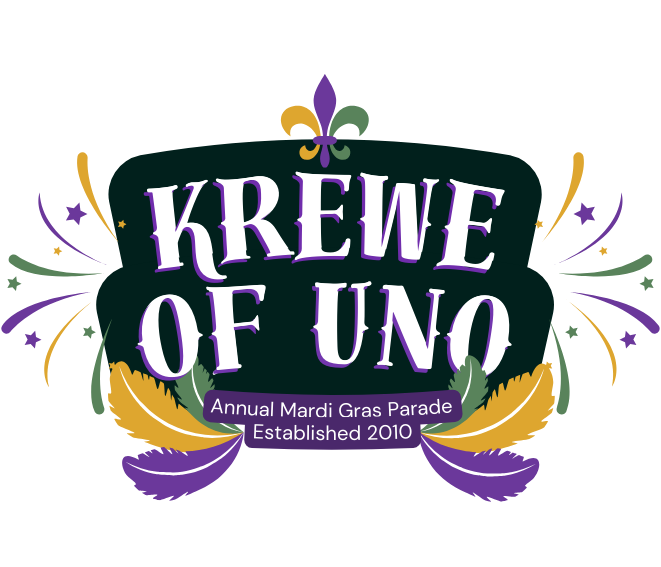 Krewe of LSU New Orleans logo with purple, green, and gold confetti