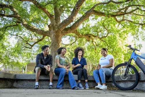 Four young adults sitting on a low concrete wall under a large tree, engaged in cheerful conversation.