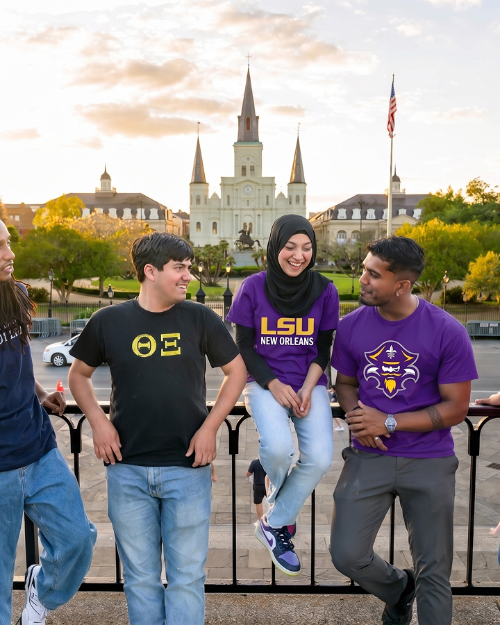 Four young adults socializing near a railing with St. Louis Cathedral in the background at sunset.