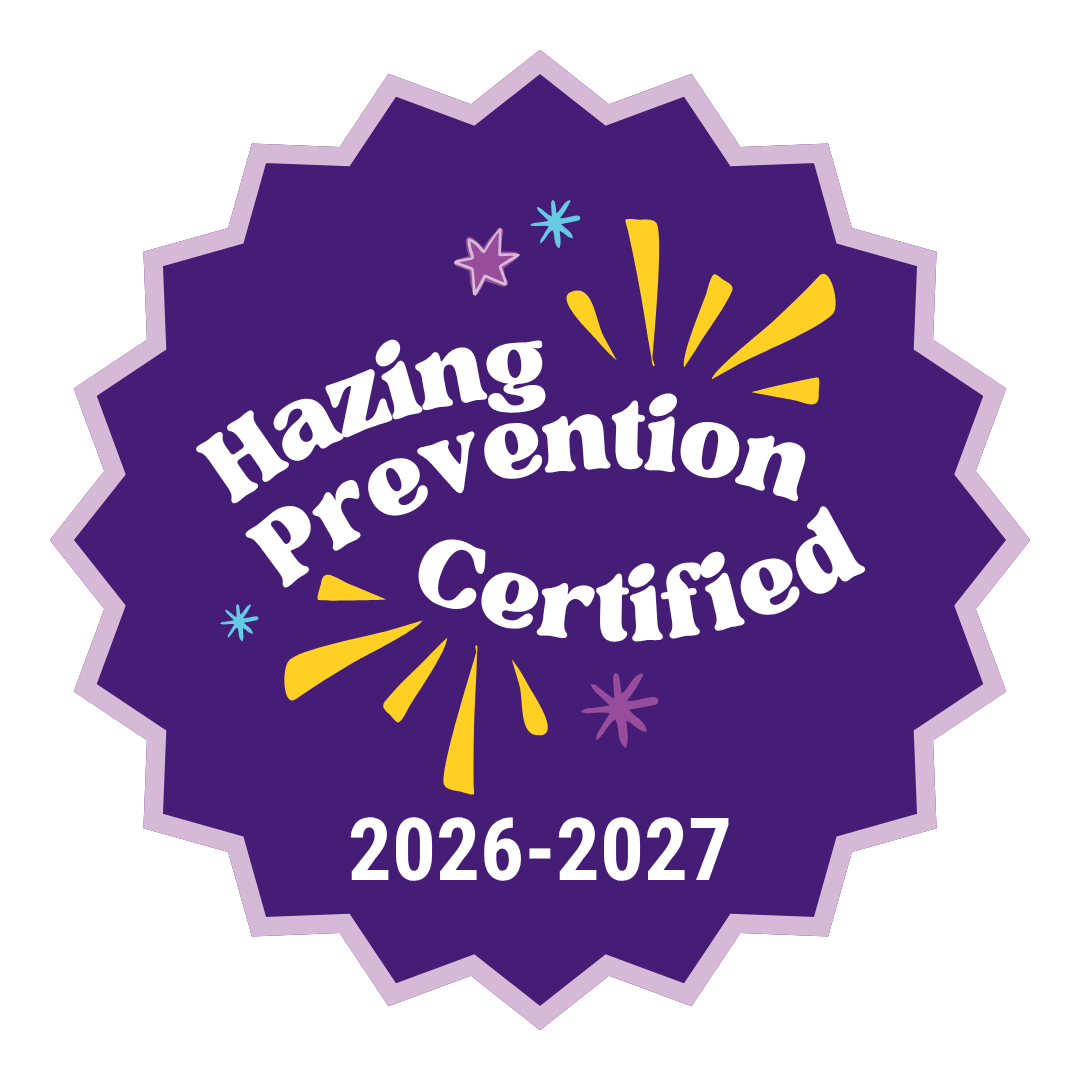 A badge displaying Hazing Prevention Certified 2025-2026 on a bright blue background with colorful confetti around the words for emphasis