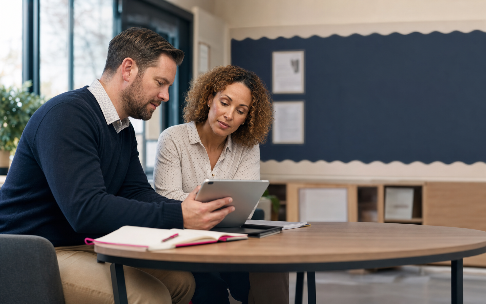 A teacher and parent reviewing a learner's progress together.