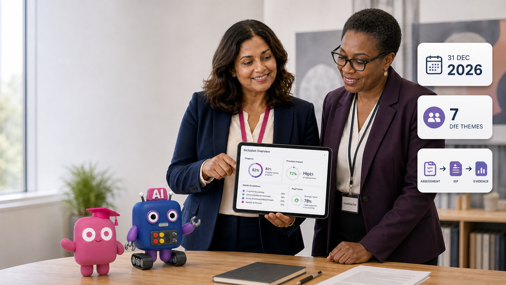 SENCO and headteacher reviewing an inclusion dashboard, with PAGSy and the PAGS AI robot