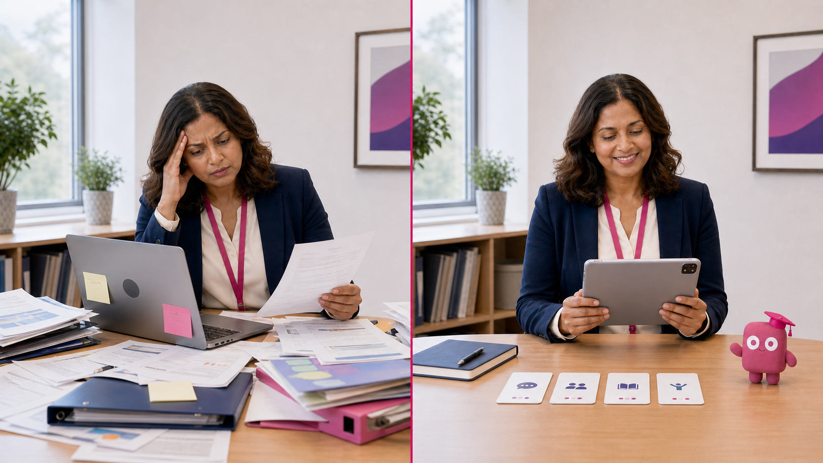 The same SENCO before and after adopting PAGS, moving from paper stress to a calm tablet workflow with PAGSy