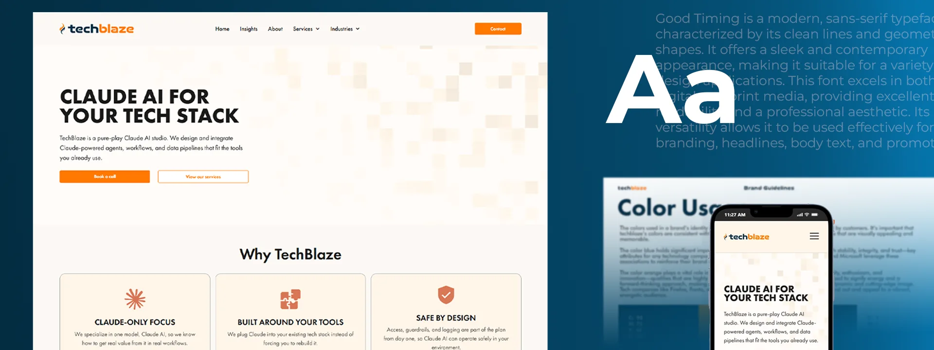 TechBlaze brand identity shown across the logotype, color palette and the live marketing website.
