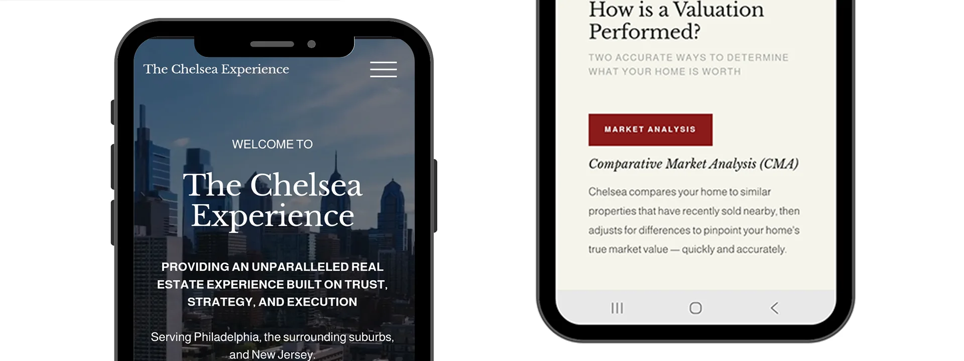 The Chelsea Experience website with IDX listing integration, shown on desktop and mobile.