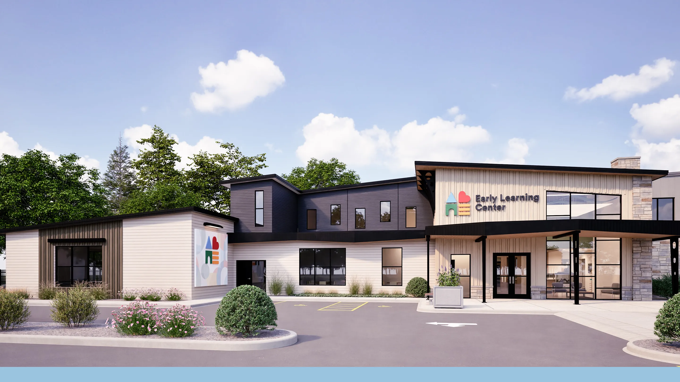 Modern Early Learning Center building with multiple windows, entrance canopy, landscaped bushes, and a parking area under a partly cloudy sky.
