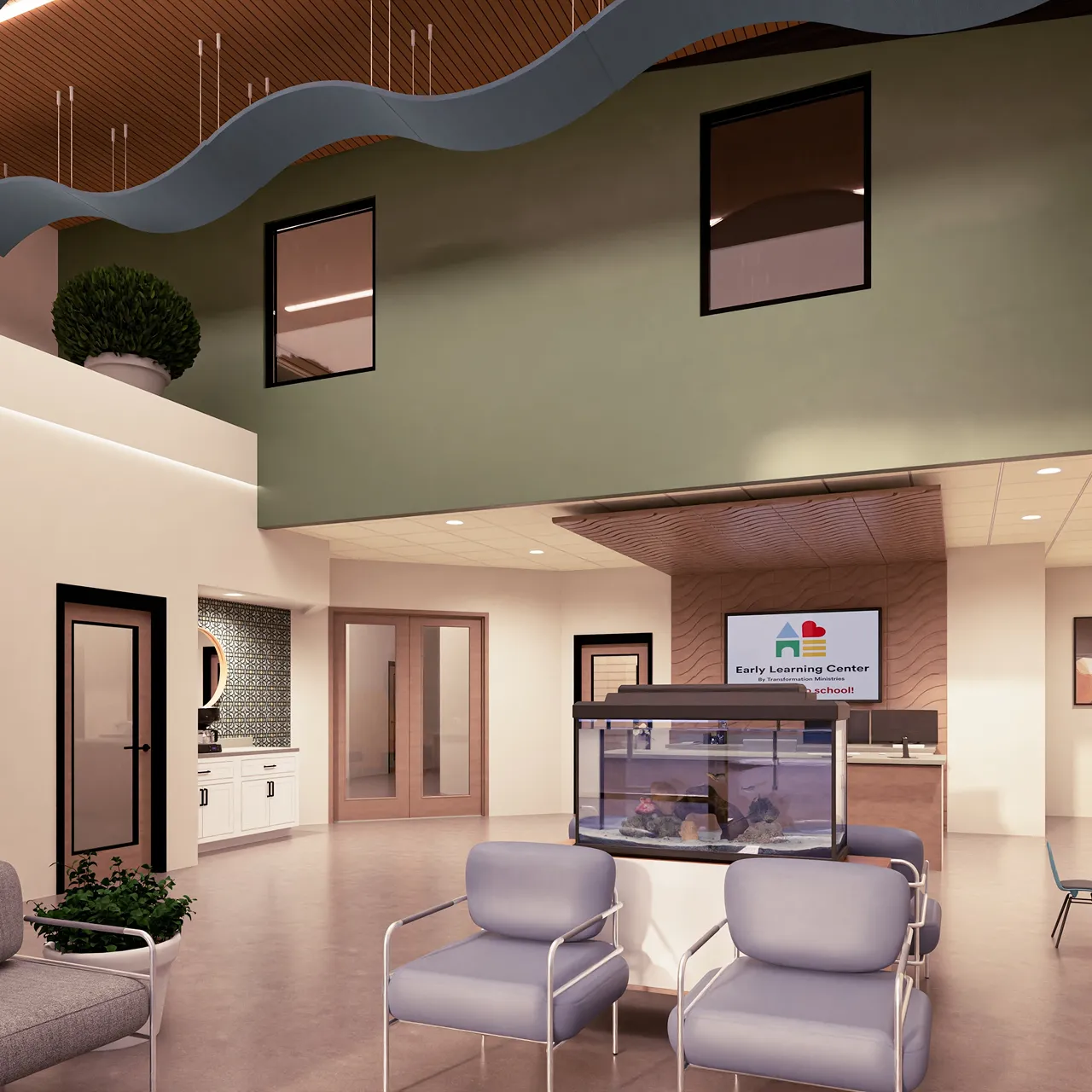 Modern waiting area with gray armchairs surrounding a large aquarium, light walls, and a sign that reads Early Learning Center.