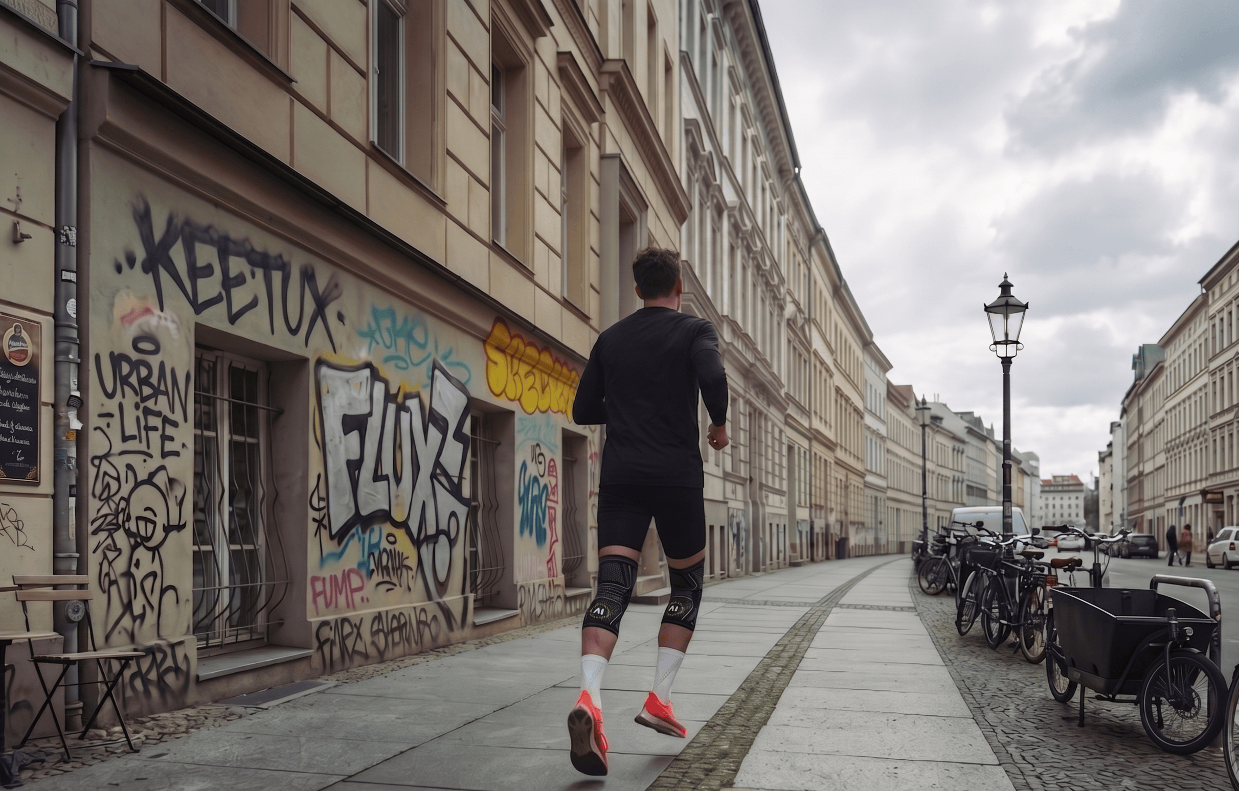 Man jogging on a city street with graffiti-covered walls and parked bicycles along the sidewalk.