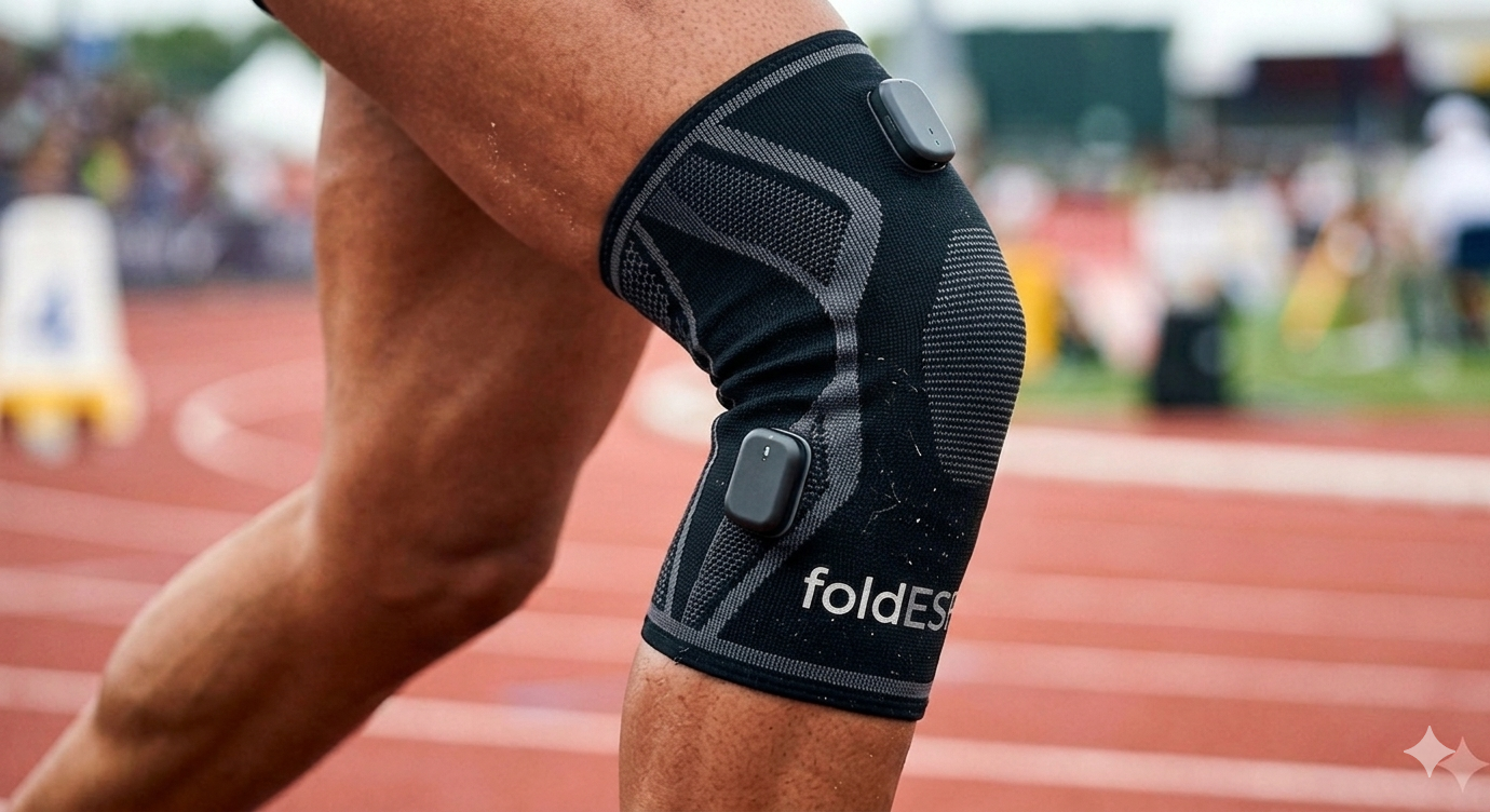 Close-up of a person's leg wearing a black smart knee sleeve with two small attached sensors on a running track.