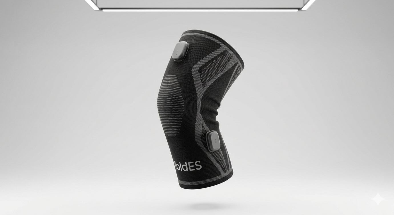 Black foldES knee brace with sensor devices on a gray background.