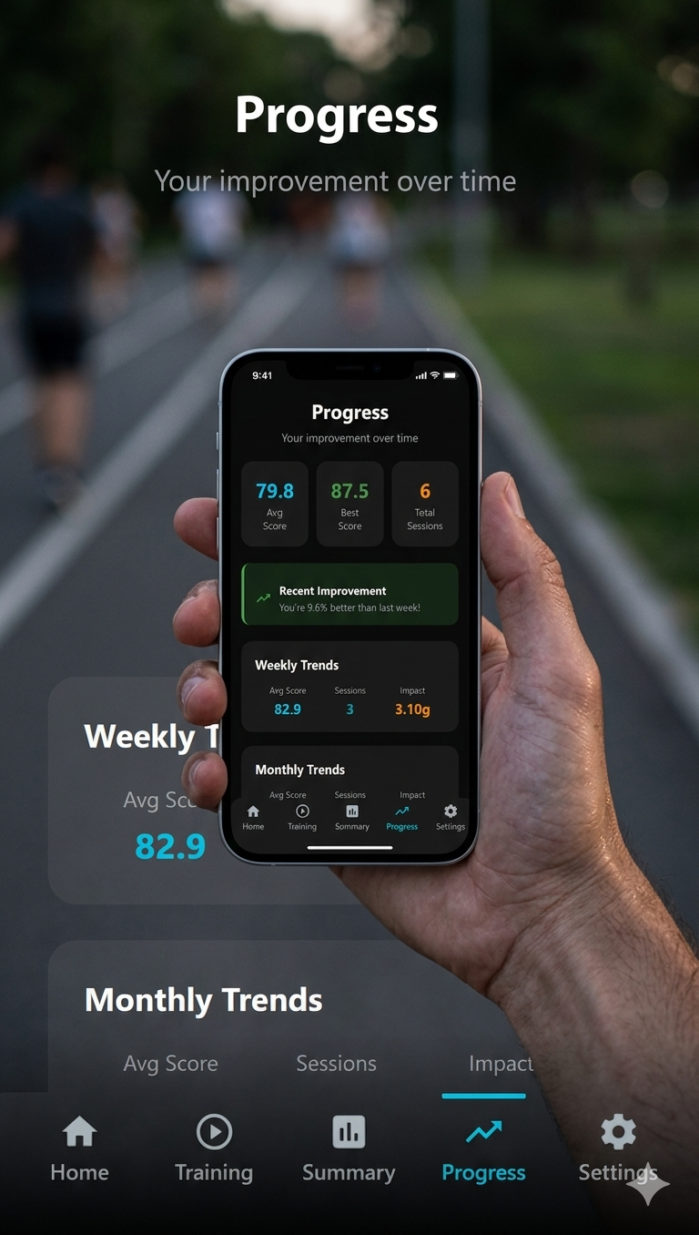 Hand holding smartphone displaying a progress tracking app with scores, recent improvement, weekly and monthly trends on a blurred running track background.