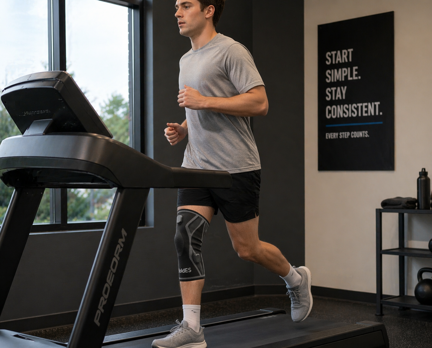Man running on a treadmill wearing a knee brace in a gym with a motivational sign on the wall.