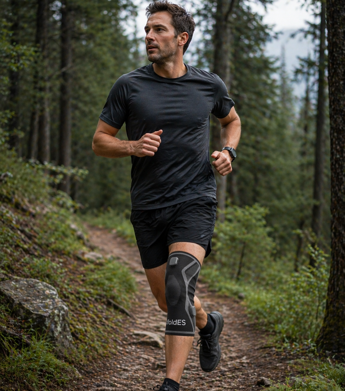 Man running on a forest trail wearing black athletic gear and a knee brace labeled bfoldES on his right knee.