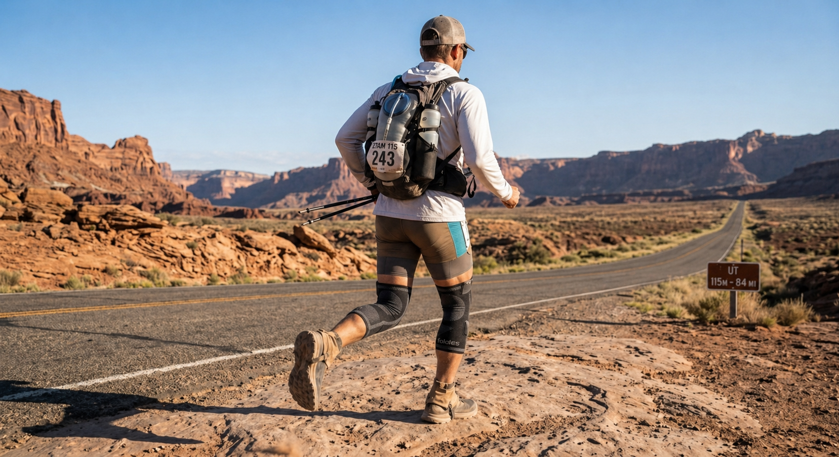 Runner wearing a white hoodie, knee braces, and a backpack running on a desert road with red rock cliffs in the background.