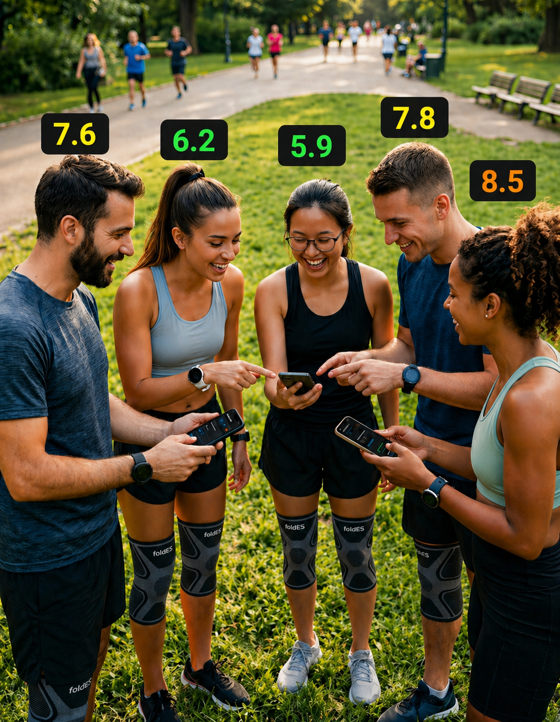 Group of five young adults outdoors in a park, wearing knee braces and smartwatches, looking at smartphones showing different body temperatures from 76 to 94 degrees.