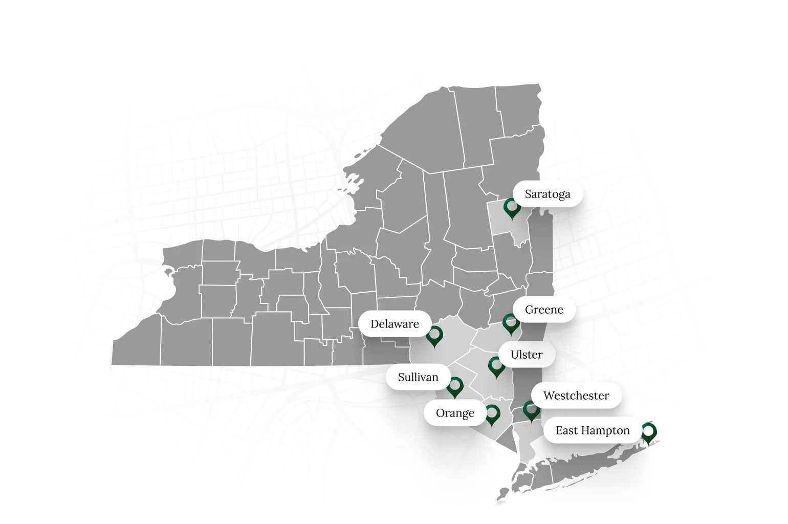 Map of New York State highlighting counties Saratoga, Greene, Delaware, Ulster, Sullivan, Orange, Westchester, and East Hampton with location markers.