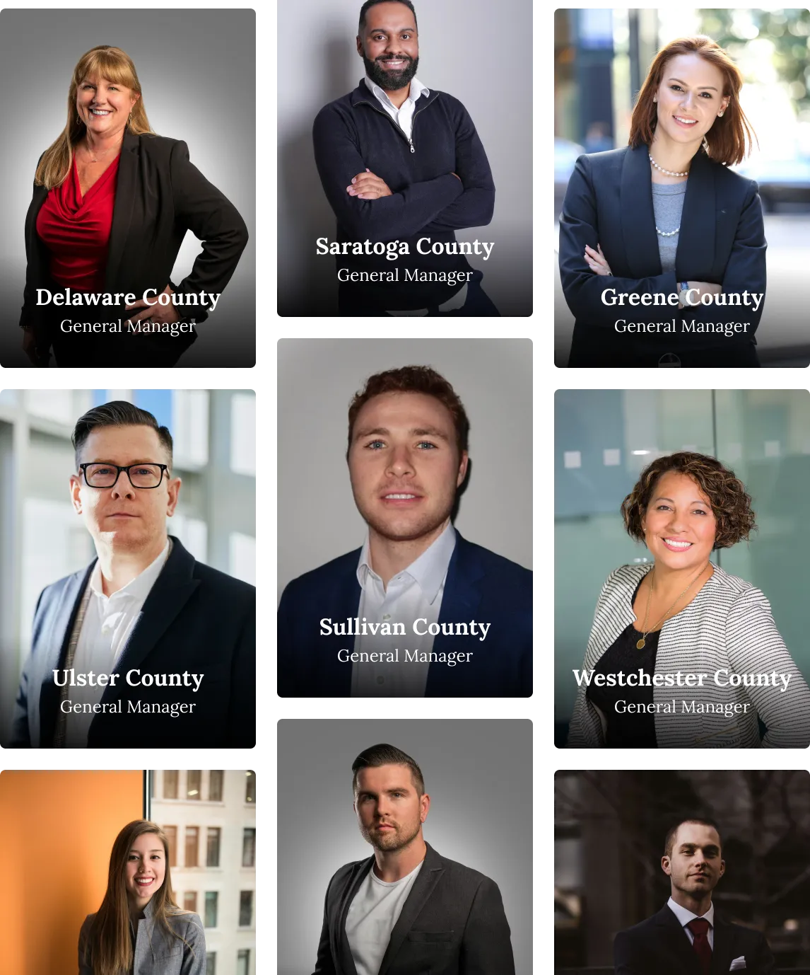 Portraits of eight professional individuals, each labeled as general manager of different counties including Delaware, Saratoga, Greene, Ulster, Sullivan, Westchester, and others.