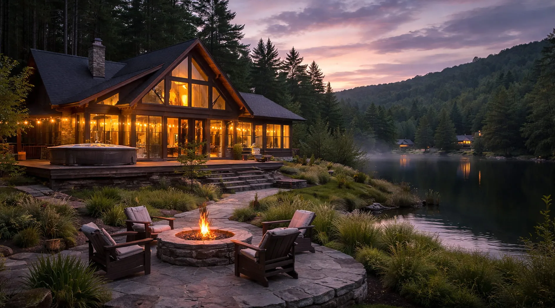 Cozy lakeside cabin illuminated at dusk with a fire pit surrounded by cushioned chairs on a stone patio.