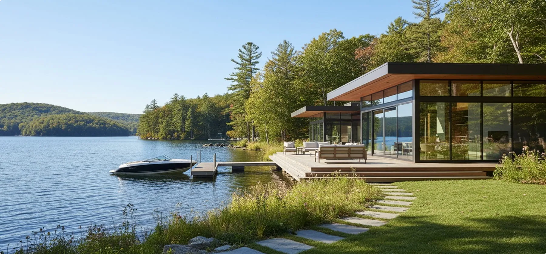 Modern lakeside house with large glass windows, wooden deck, patio furniture, dock, and a speedboat on calm water surrounded by forested hills.