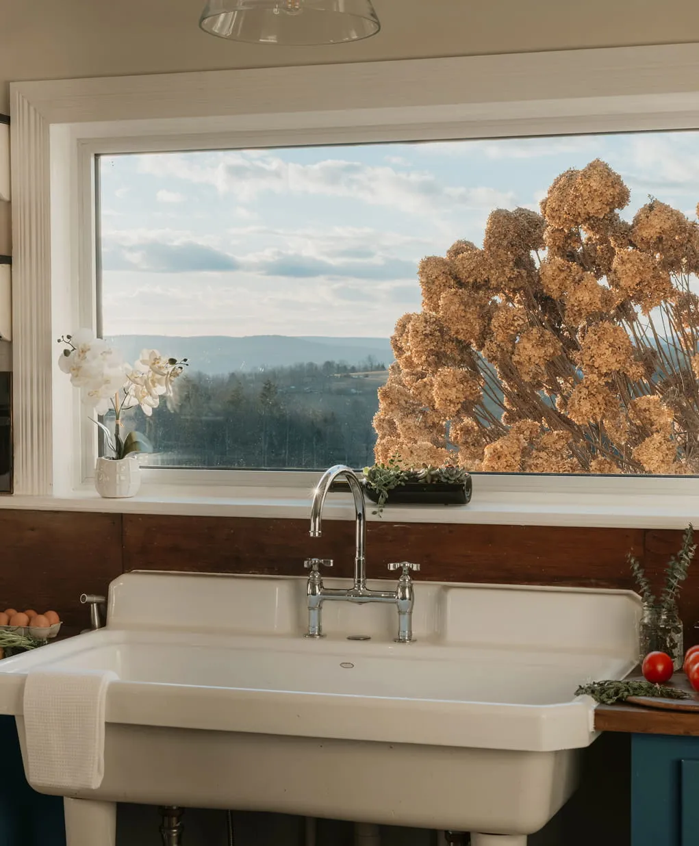 White kitchen sink with silver faucet under a large window showing a view of dried hydrangea flowers and distant hills.
