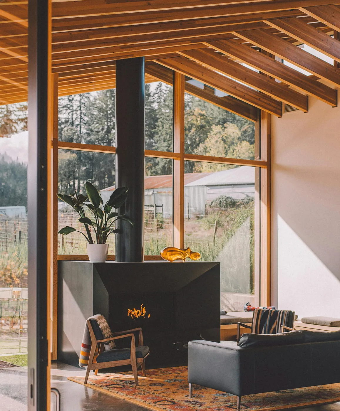 Modern living room with a black wood-burning fireplace, large wooden-beamed windows showing a rural outdoor view, a potted plant, wooden armchair with blanket, and black leather sofa on an ornate rug.
