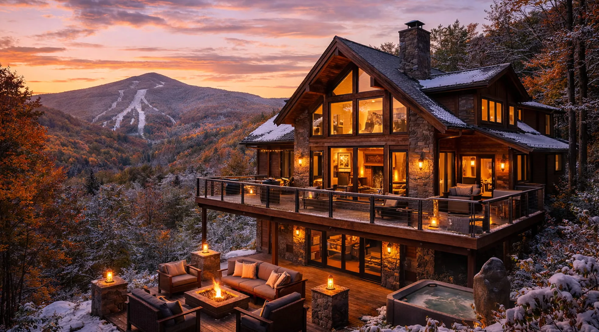 Cozy mountain cabin at sunset with warm interior lights, outdoor fire pit seating, and snowy autumn forest surroundings.