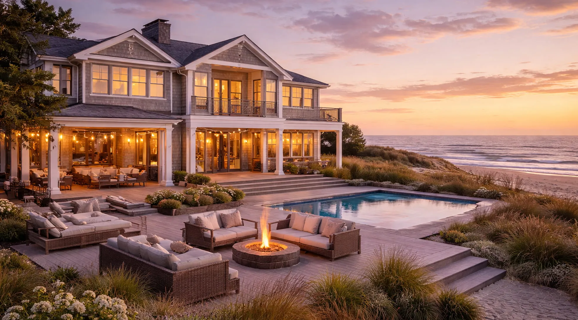 Luxury beach house at sunset with outdoor seating around a fire pit, swimming pool, and ocean view.