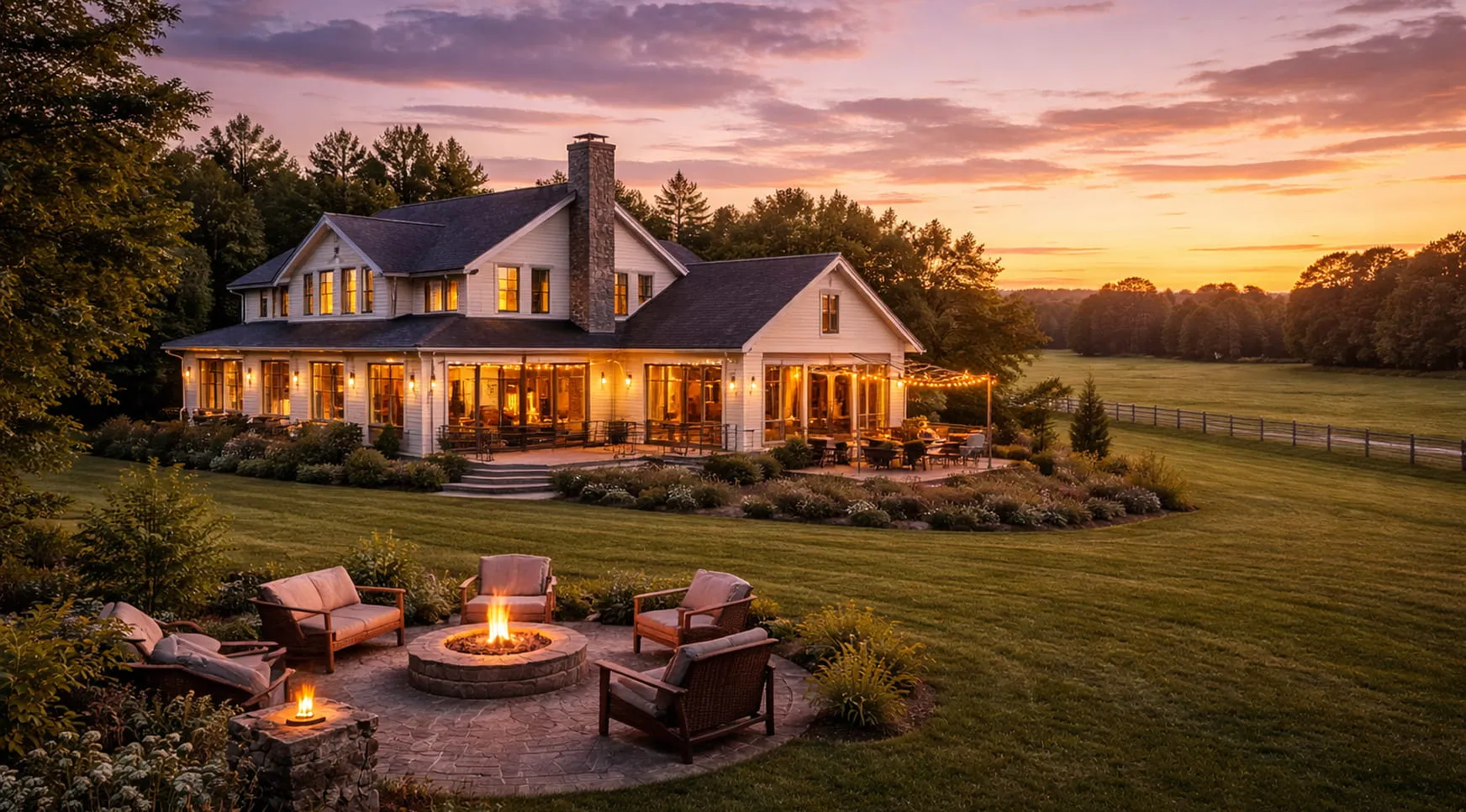 Large two-story house with lit windows at sunset, surrounded by green lawn and trees, featuring a cozy outdoor fire pit with chairs.