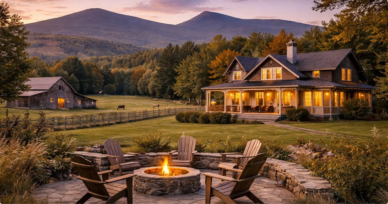 Wooden Adirondack chairs around a stone fire pit in front of a warmly lit rustic house with mountains and trees in the background at dusk.