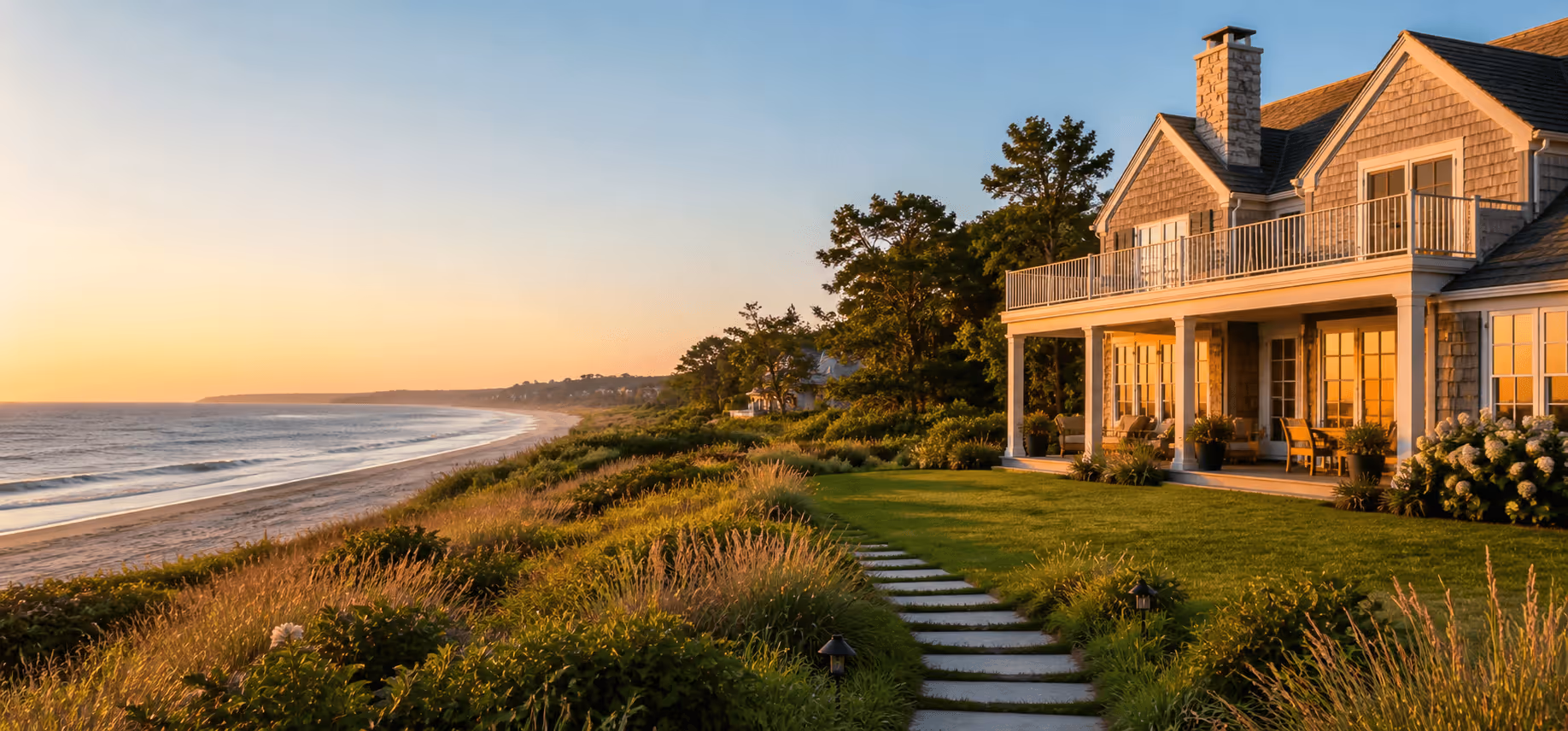 Large beach house with wooden shingles and porch overlooking a sandy beach at sunset.