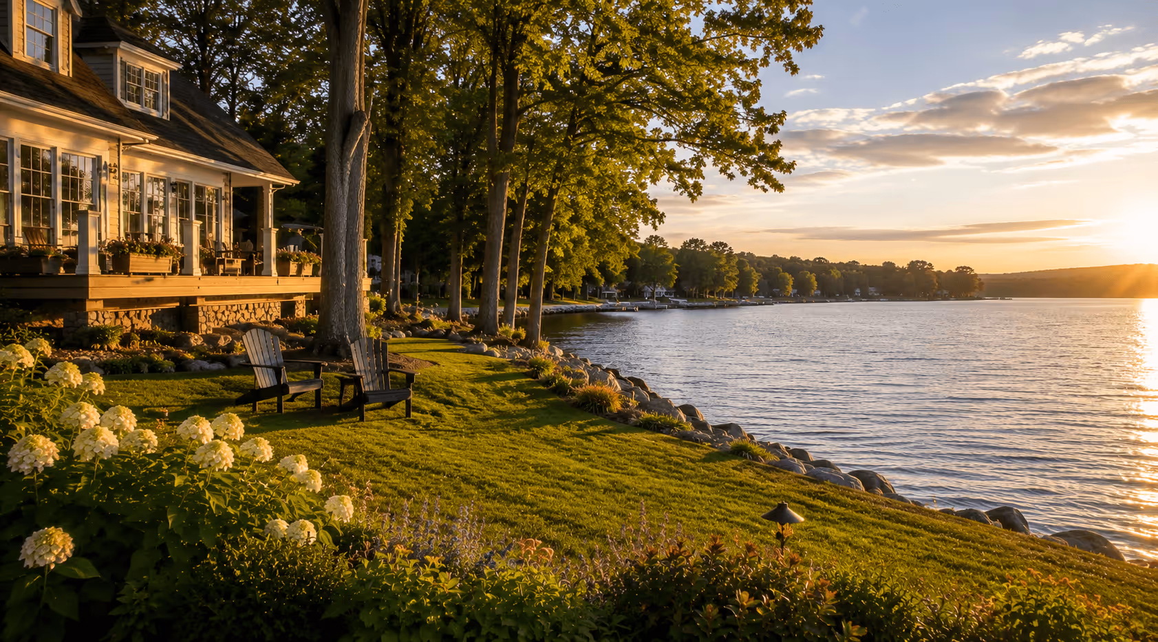 Sunset view of a lakeside house with a porch, lawn chairs, trees, and flowering shrubs in Saratoga County