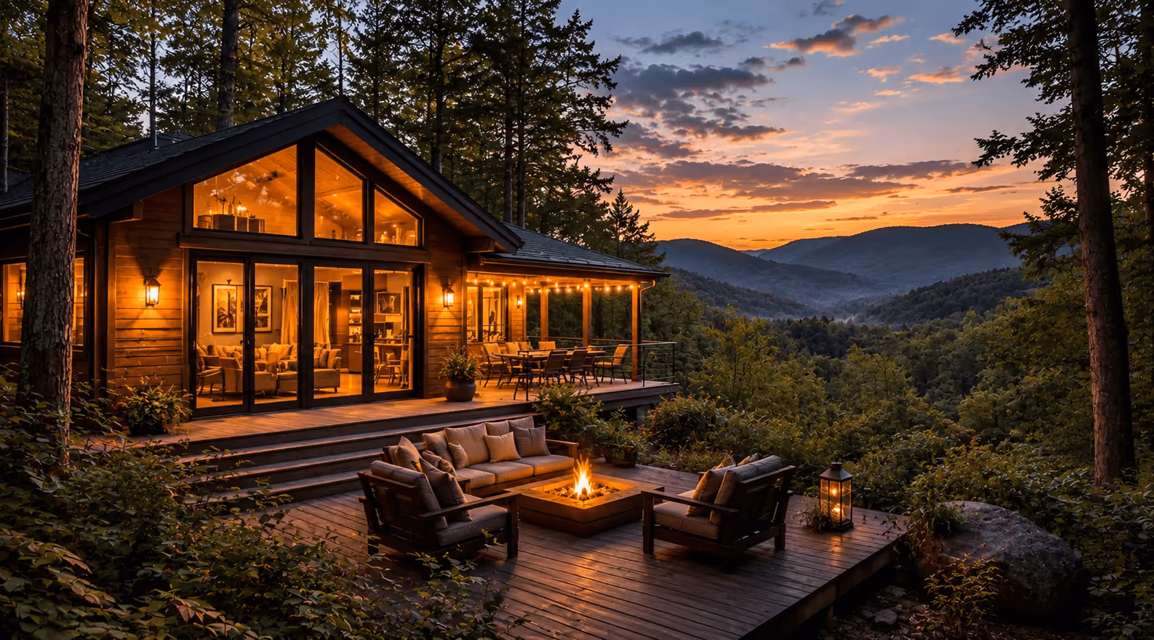 Cozy lit wooden cabin with outdoor seating and fire pit overlooking forested mountains at sunset in Ulster County
