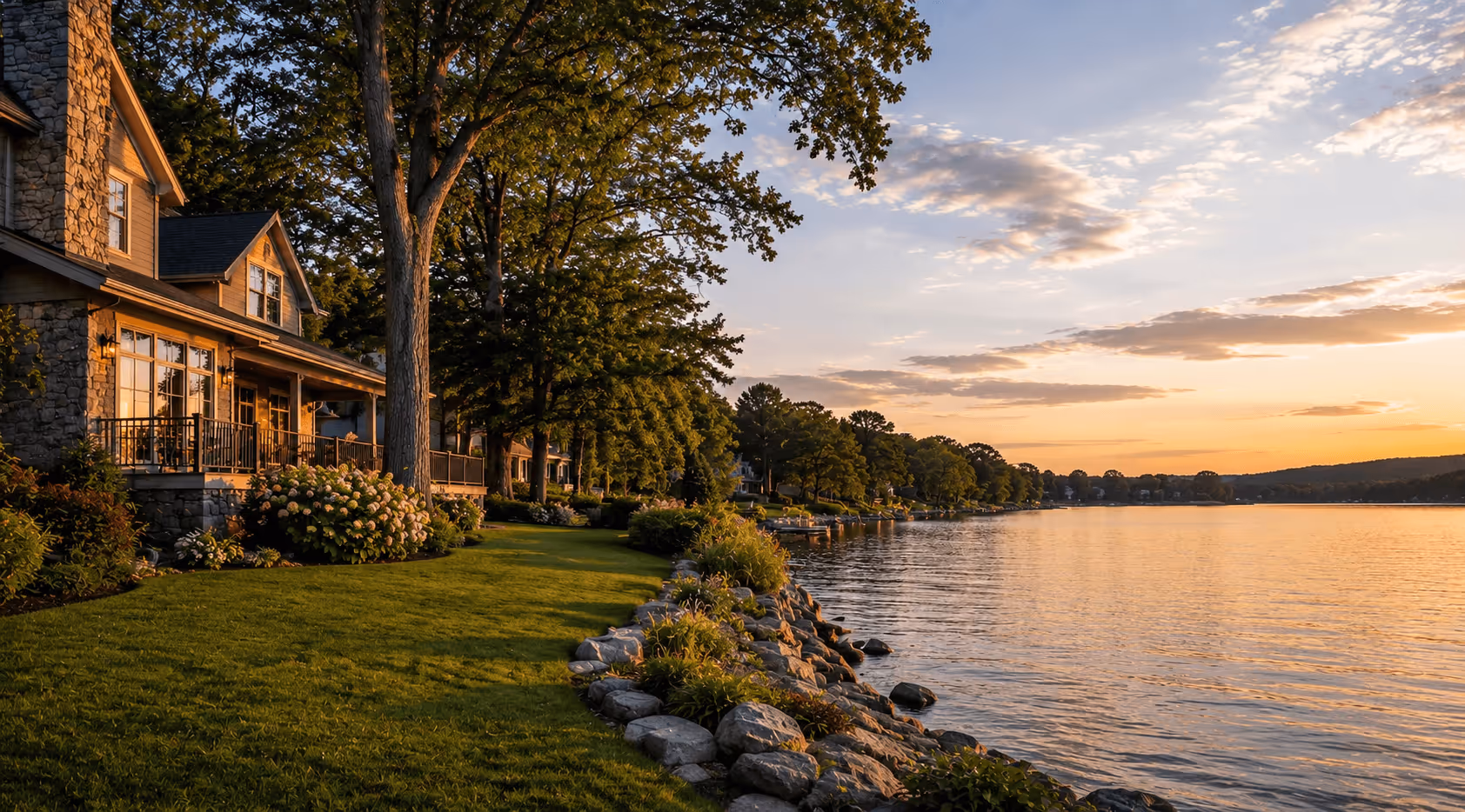 Lakefront houses with stone walls, green lawns, and trees beside a calm lake at sunset in Delaware County