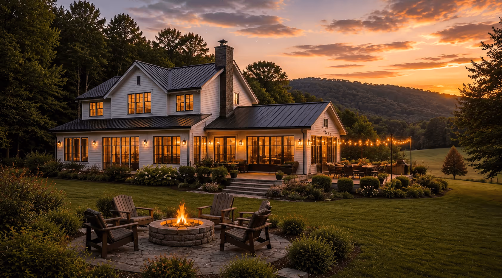 Large white house with lit windows, outdoor fire pit surrounded by chairs, and string lights at sunset in Orange County