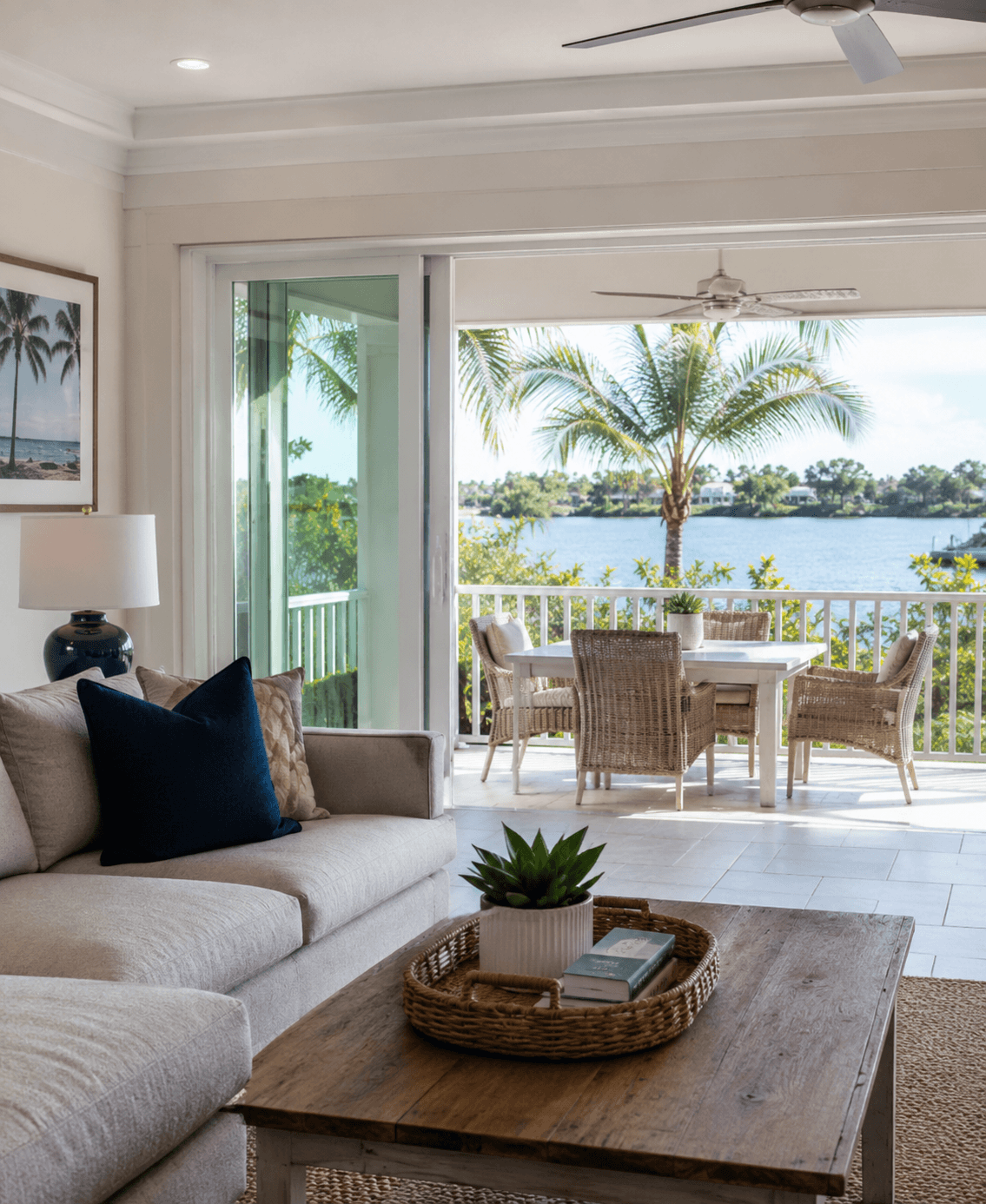 Coastal modern living room with balcony