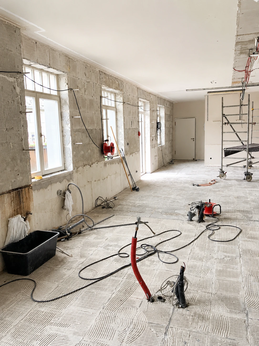 Großer Raum mit Baustellengeräten, Kabeln und unvollendetem Bodenbelag während Renovierung.