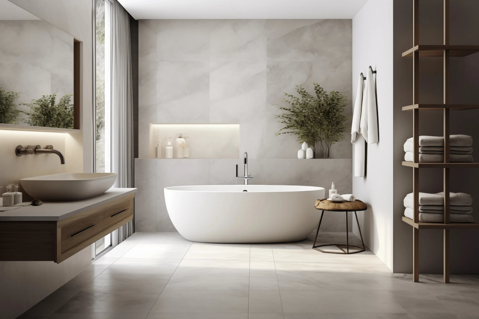 Modernes Badezimmer mit freistehender Badewanne, wandhängendem Waschtisch, Handtüchern und Pflanzen in neutraler Farbgebung.