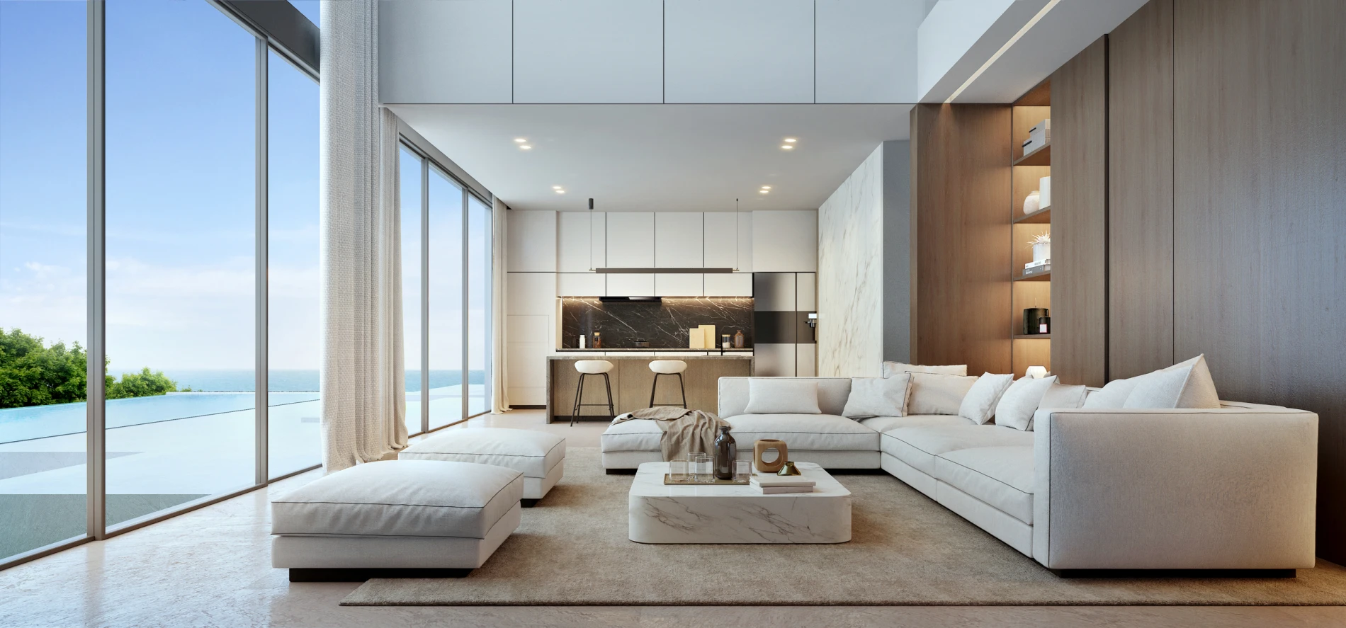Modernes Wohnzimmer in Off-White mit Ecksofa, Couchtisch aus Marmor und offener Küche mit Meerblick.