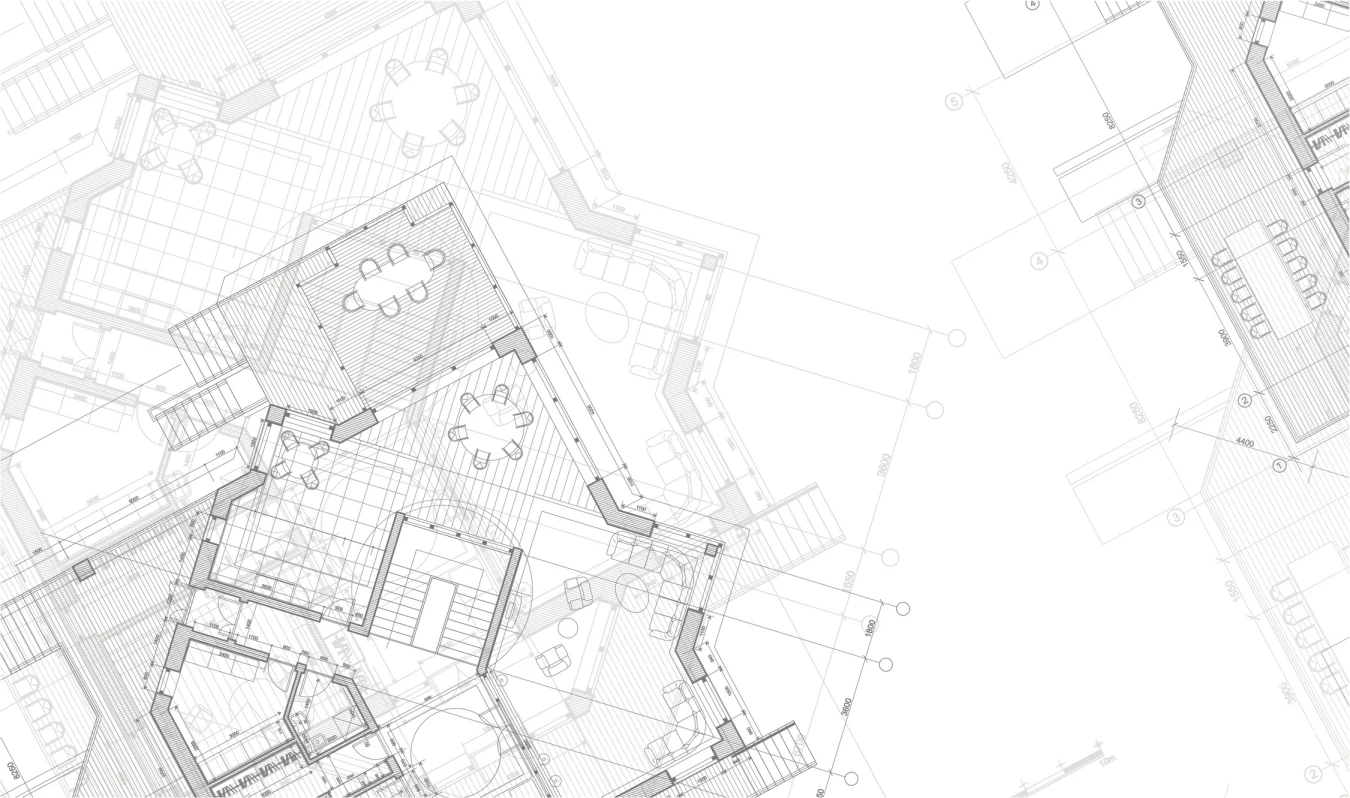 Architektonischer Bauplan mit möblierten Räumen, Treppen und Maßen in Schwarz-Weiß.