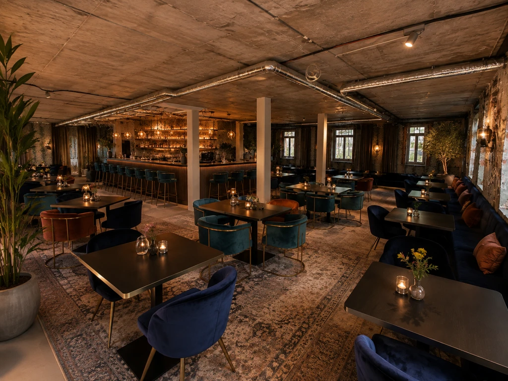 Gemütliche Bar mit Stühlen, Tischen, Kerzen und warmem Licht in einem stilvollen Raum.