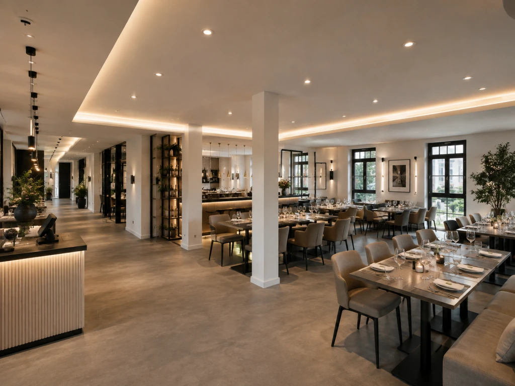 Modernes Restaurant mit gedeckten Tischen, bequemen Stühlen und sanfter Beleuchtung an der Decke.