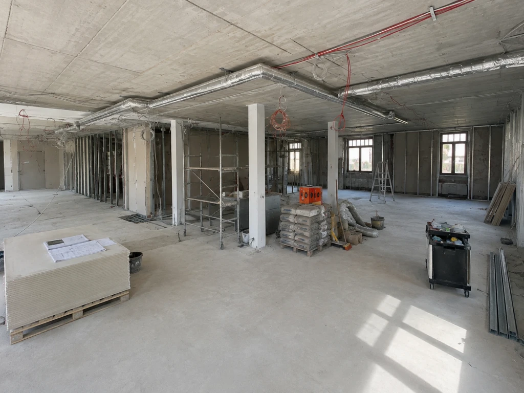 Großer Innenraum unter Renovierung mit Baumaterialien, Gerüst und entkernter Wandkonstruktion.